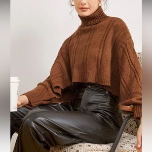 Commense Brown Turtleneck Crop Cable Knit Sweater NWT Size M